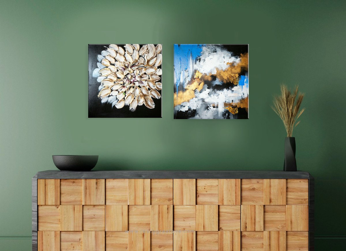 Expressive Abstract Acrylic Painting By Annet Loginova, 24 X 12, Abstract Floral Diptych, Original Artwork