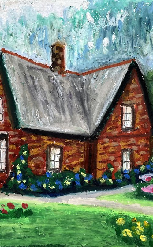 Cottagecore Original Painting, Cozy House Oil Pastel Drawing, Cottage Garden Illustration by Kate Grishakova
