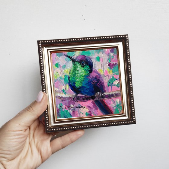 Hummingbird oil painting original 4x4, Bird oil painting cute gift for women, Animal art wildlife