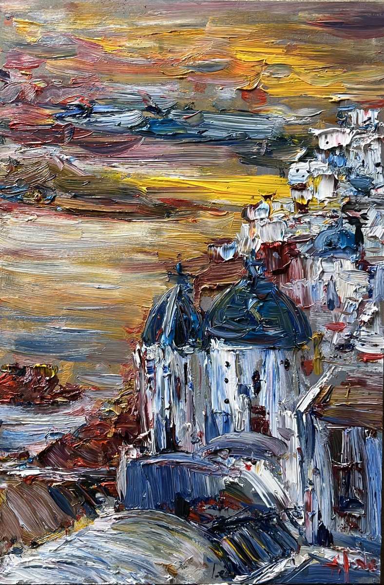 Abstract Oil Painting By Altin Furxhi, 12 X 18, Abstract Afternoon Santorini, Original Artwork