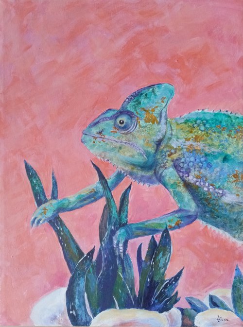 Green chameleon on a pink background by Liubov Samoilova