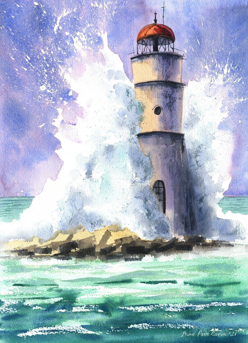 Lighthouse in the waves original watercolor artwork with sea , waves, decor for living ro... by Irina Povaliaeva