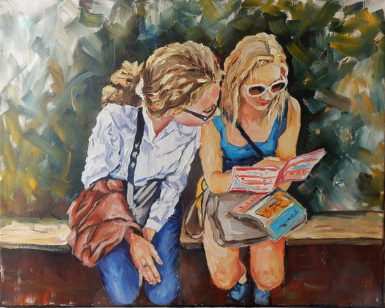 Amsterdam tourists.  Street scene. 50x40cm.