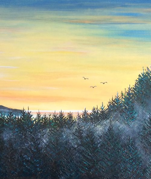 Sunrise Firs (large ready to hang canvas) by Lucy Smerdon