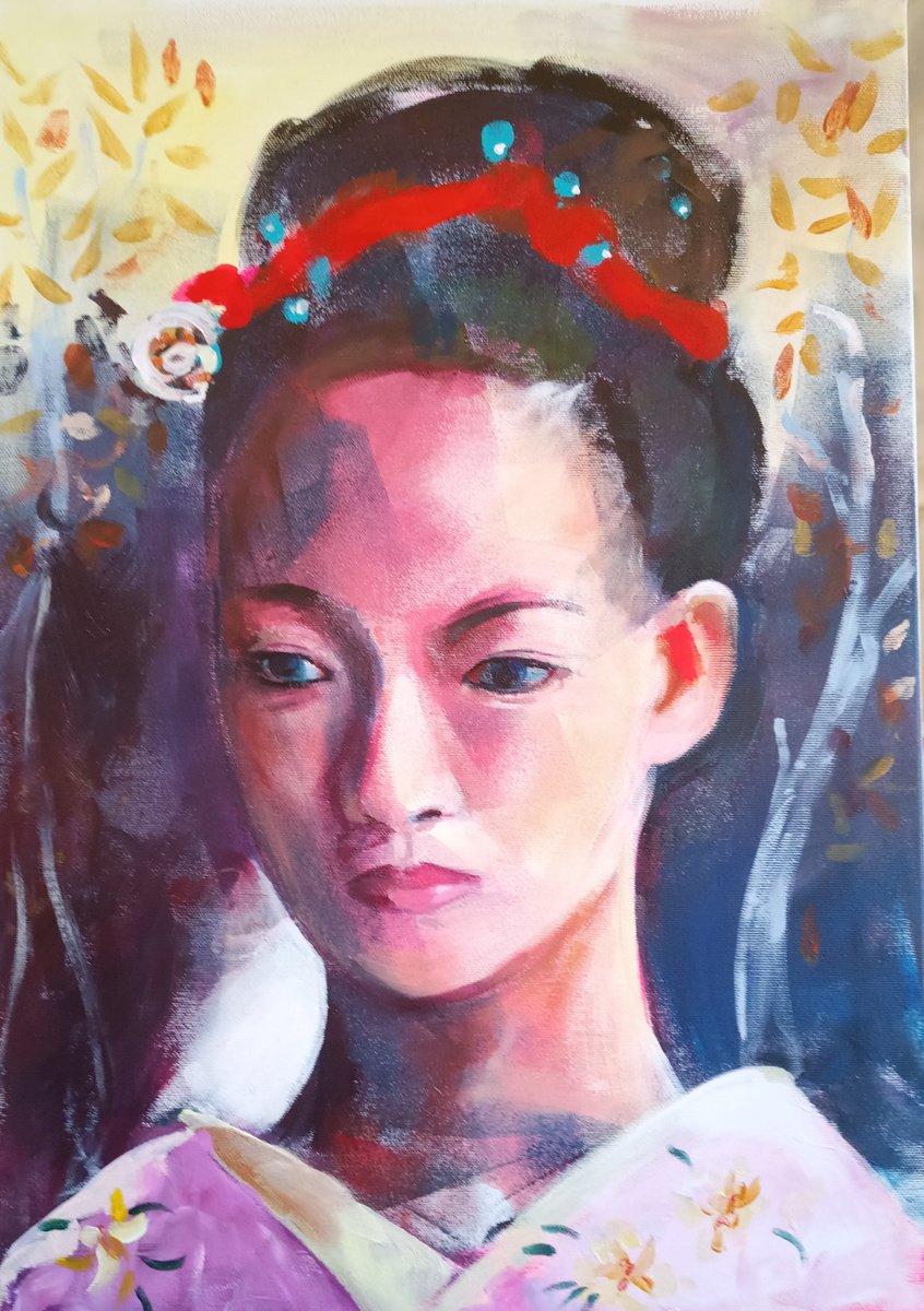 Expressive Portrait Acrylic Painting By Marina Del Pozo, 15 X 22", Gheisa #2, Original Artwork