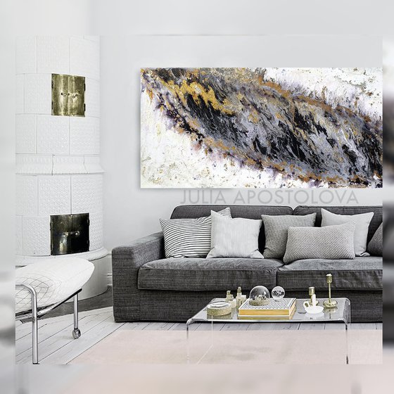 Original Abstract Painting, Black White Contemporary Art, Ready to hang Huge Painting, Large Black White Wall Art with Gold Leaf and Silver Leaf, Modern Wall Art Decor