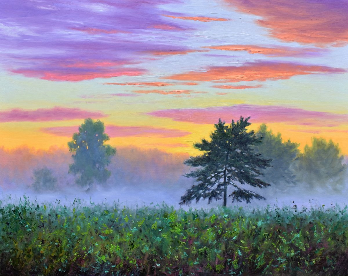 Impressionistic Landscape Oil Painting By Yulia Nikonova, 28 X 22", Waiting For The Sun, Original Artwork