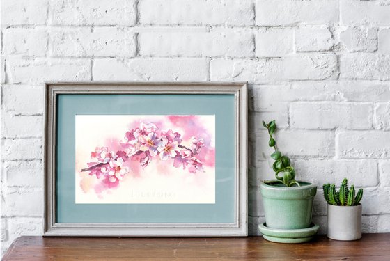 "Premonition of Spring" watercolour of a blossoming apricot tree branch in delicate pink tones