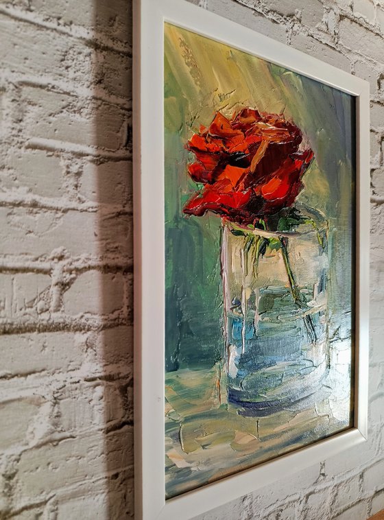 Red rose in the glass Framed and ready to hang floral painting