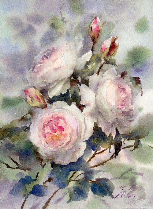 Watercolor roses on grey by Yulia Evsyukova