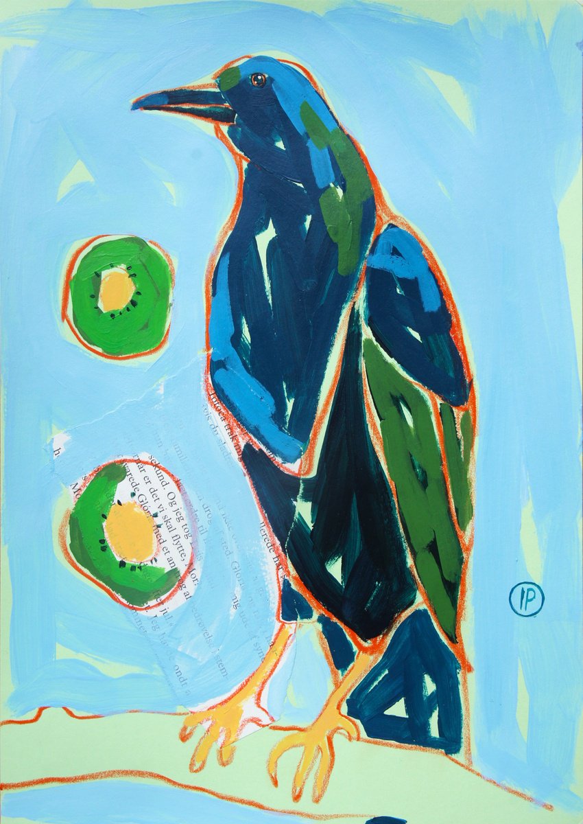 Impressionistic Animal Painting By Irina Plaksina, 8 X 12, Crow And Kiwi, Original Artwork