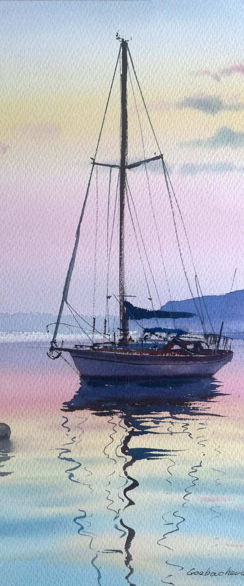 Yacht at sunset #5 by Eugenia Gorbacheva