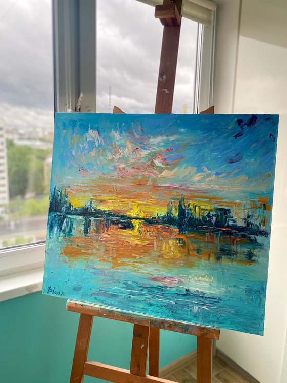 Sunset - Big city never sleeps, 70*80cm, impressionistic landscape oil painting in orange and turquoise