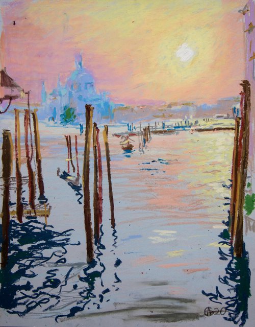 Sunset in Venice. Oil pastel painting. Small interior decor travel gift italy venice shadow original impression sunset by Sasha Romm