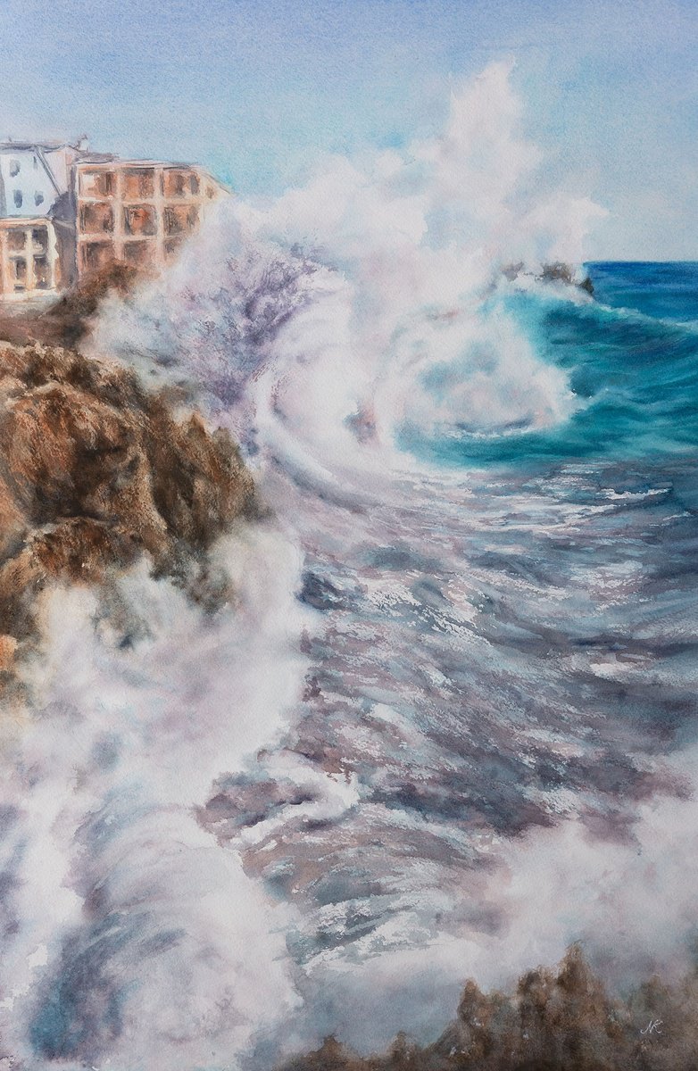 Impressionistic Landscape Watercolour By Kateryna Nazarenko, 15 X 22", Breaking Wave, Original Artwork