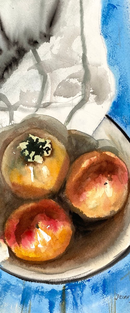 Still life with Persimmon original watercolor 27,5x 37  cm,  art decor, gift idea, decor for kitchen by Irina Povaliaeva