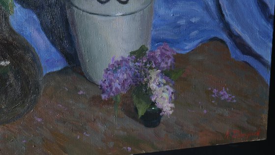 The Still Life With Lilacs And The Blue Curtain - Lilacs painting