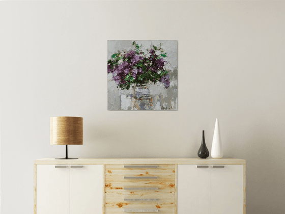 Still life with lilacs in a vase - impasto painting