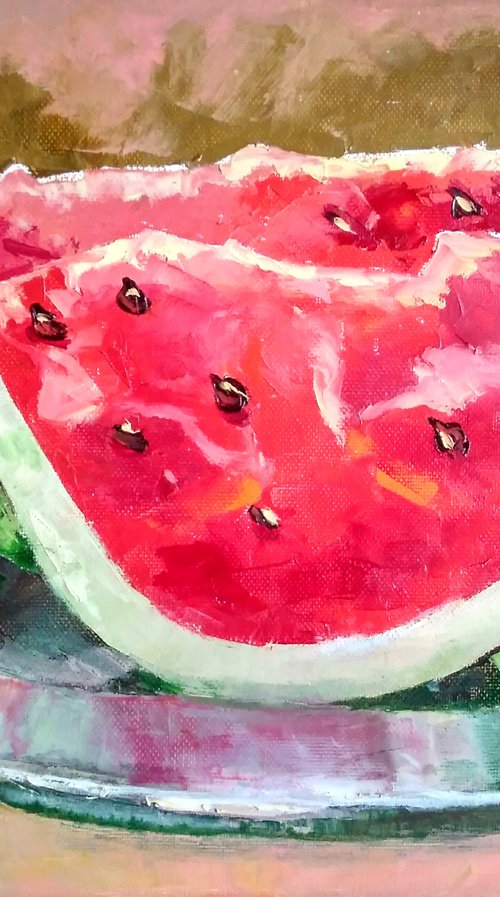 Watermelon slices, Watermelon Painting Original Art Fruit Artwork Still Life Kitchen Wall Art by Yulia Berseneva