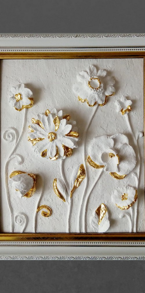 sculptural wall art "Flowers and Gold" by Tatyana Mironova