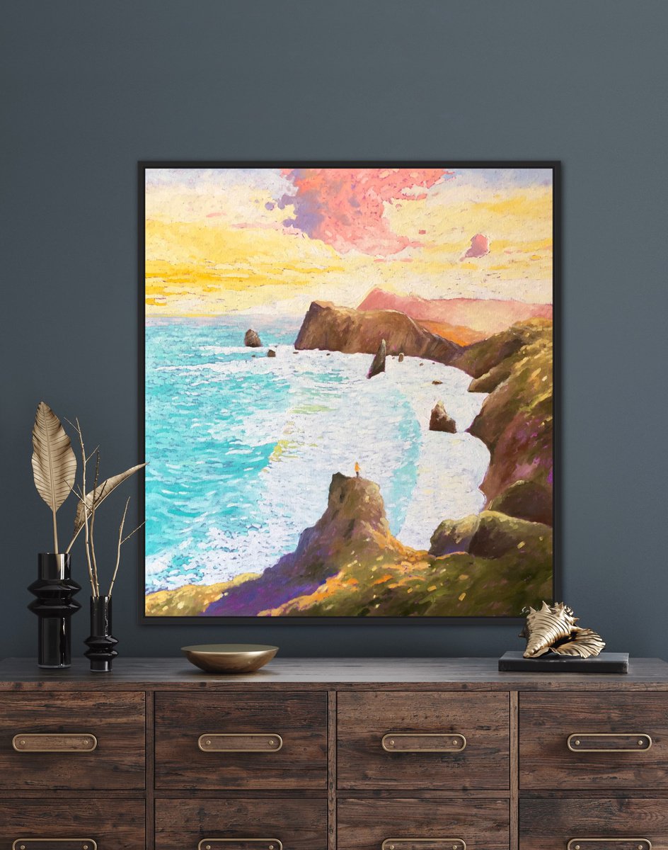 Impressionistic Landscape Oil Painting By Volodymyr Smoliak, 24 X 26", Rocky Coast. Sunset, Original Artwork