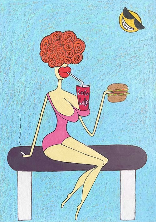 Lady with hamburger by Ann Zhuleva
