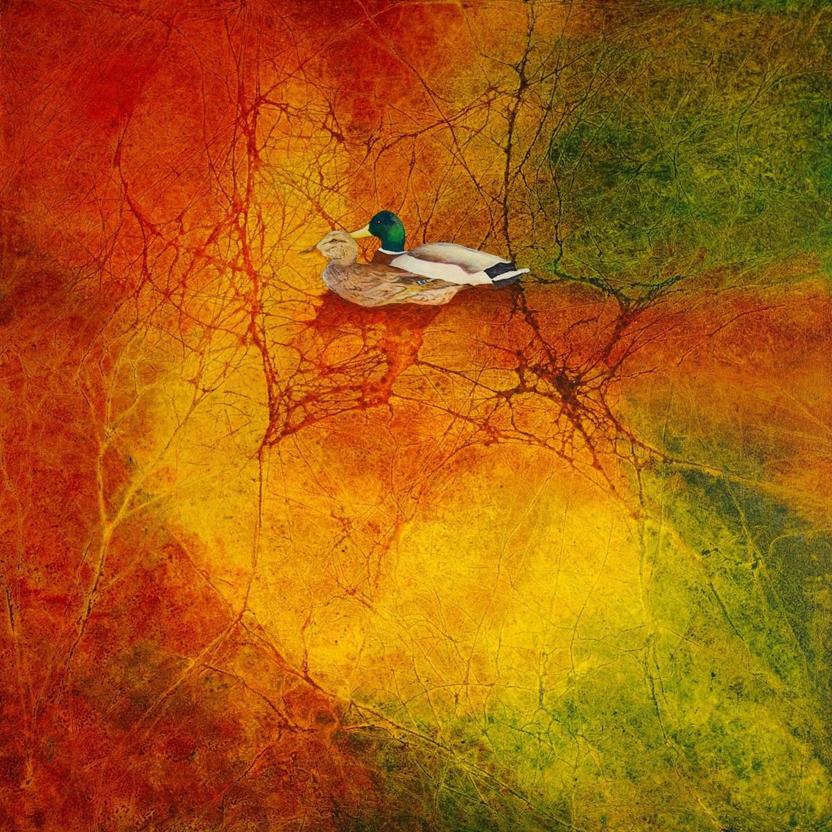 Mallard Ducks, a realistic bird painting with abstract lake reflections by oconnart