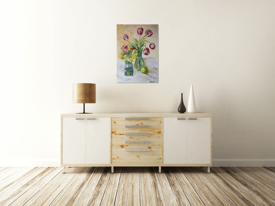 Still life with glass and water.  --- (Gift idea original acrylic painting. Daffodils and spring tulips still life with green apple) 50x70cm canvas on board unframed.