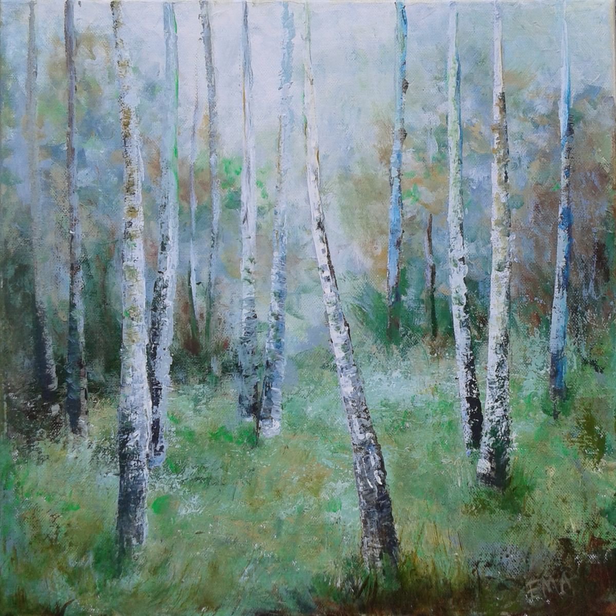 BONJOUR TRISTESSE, 40x40cm, birches trees springtime landscape by Emilia Milcheva