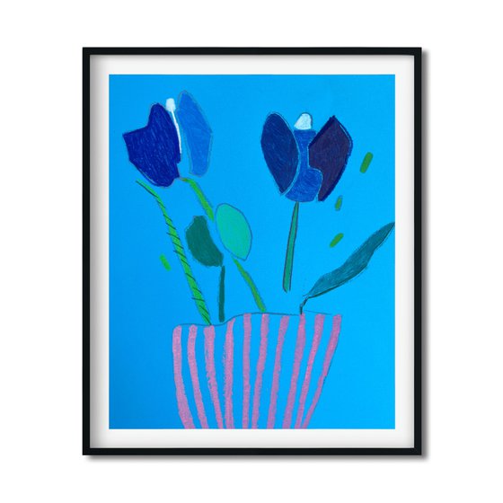 Blue Tulips in Pink Vase