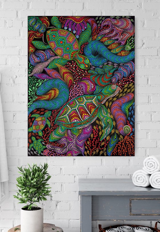 Colorful Sea Turtle and Marine Life