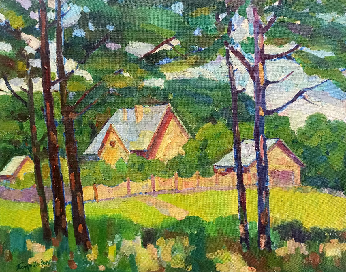 Impressionistic Landscape Oil Painting By Peter Tovpev, 31 X 26", Country Houses, Original Artwork