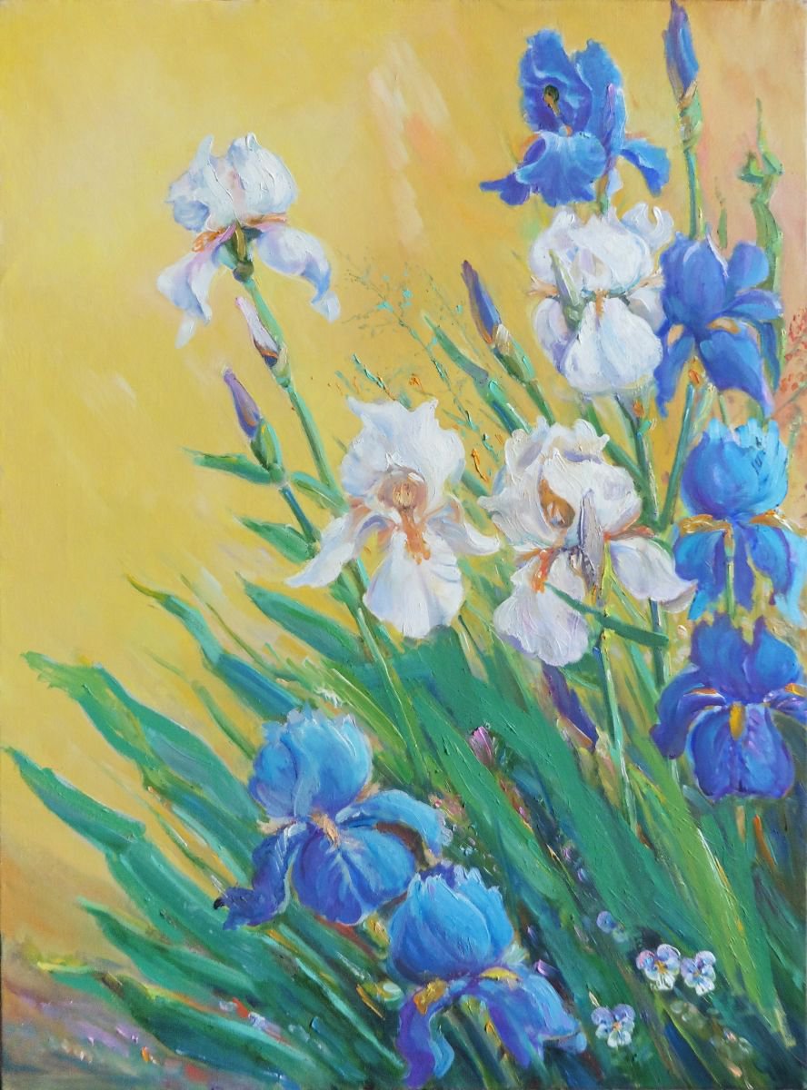 Irises on yellow by Vyacheslav Onyshchenko