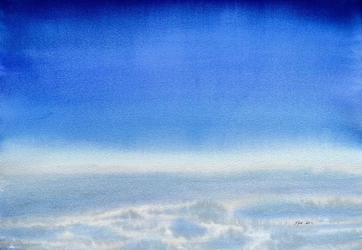 Abstract Landscape Watercolour By Alona Hryn, 20 X 14, Sky View From The Porthole, Original Artwork