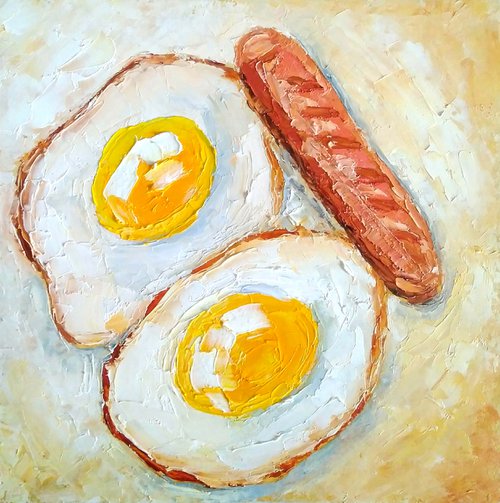 The breakfast, Fried Egg Painting Original Art Kitchen Food Artwork Breakfast Wall Art Small Oil Painting by Yulia Berseneva