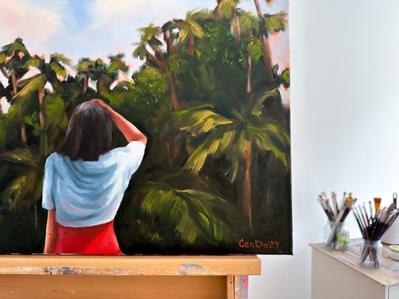 Palm Paradise - Woman Palm Tree Tropical Painting