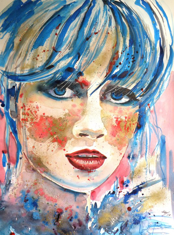 Girl in blue and gold