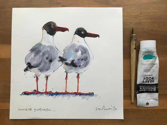 'Masked Gullmen' seagull painting - Acrylic and ink drawing