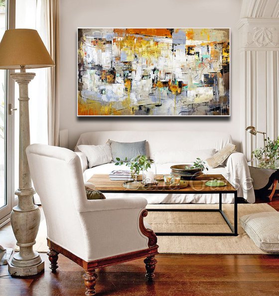 Most of All - Extra Large Oversize Abstract Painting 71" x 40" , Gray Yellow Gold Leaf Soft Colors White Gray Painting