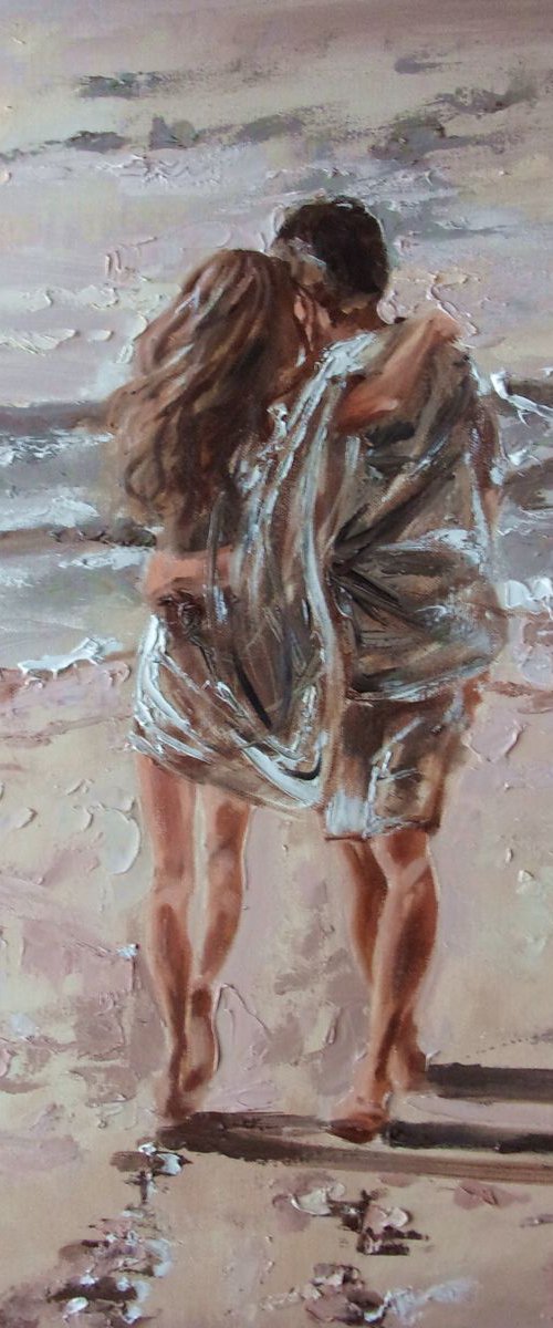 " MOMENTS WITH YOU ... "- SKY SEA SAND liGHt  valentines day couple ORIGINAL OIL PAINTING, GIFT, PALETTE KNIFE by Monika Luniak