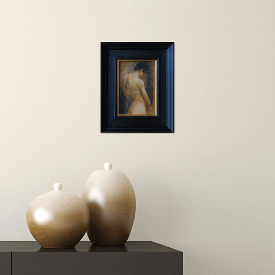 Old Master style male nude figure oil painting, with wooden frame.