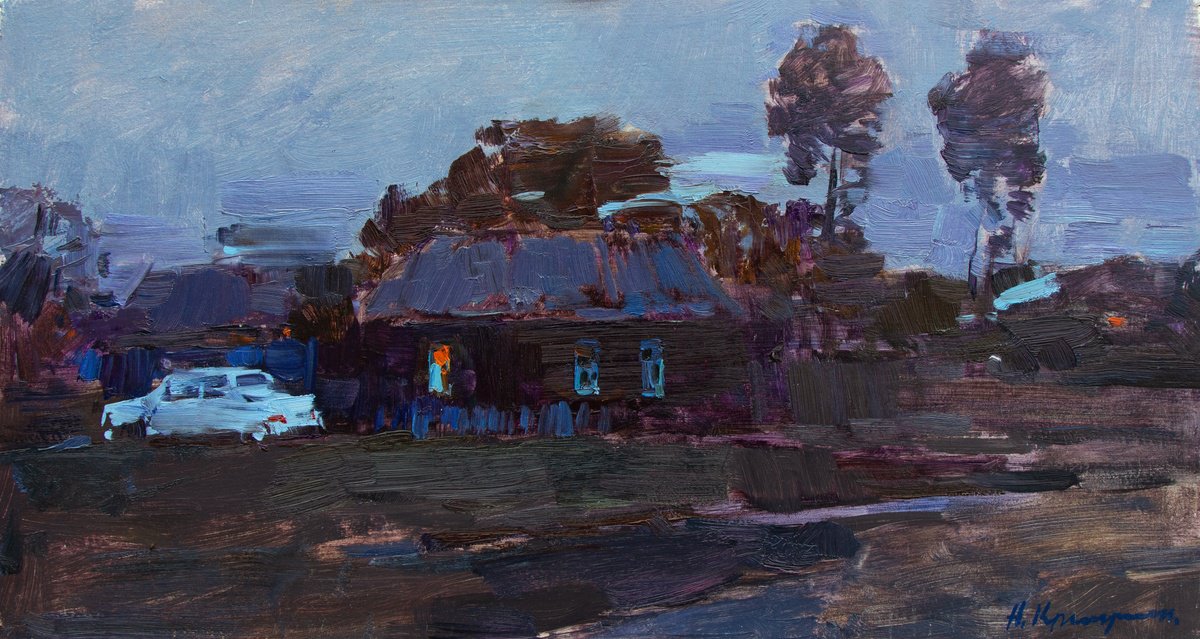Impressionistic Landscape Oil Painting By Aleksandr Kryushyn, 22 X 12, Evening In The Suburbs, Original Artwork