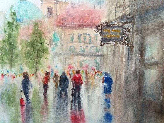 Rainy day in Ljubljana | Original watercolor painting
