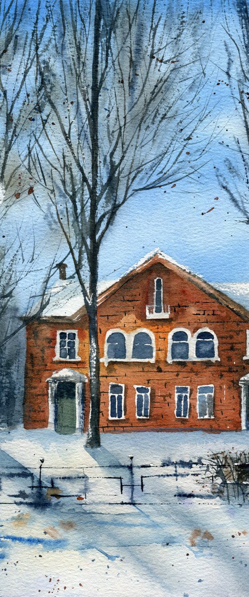 An old house in the town of Vidnoe near Moscow. Original watercolor artwork. by Evgeniya Mokeeva