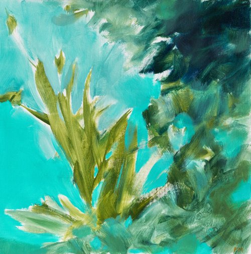 Mediterranée 2 - abstract landscape in turquoise - oil painting Modern Contemporary Wall art blue green teal Interior design Home decoration by Fabienne Monestier