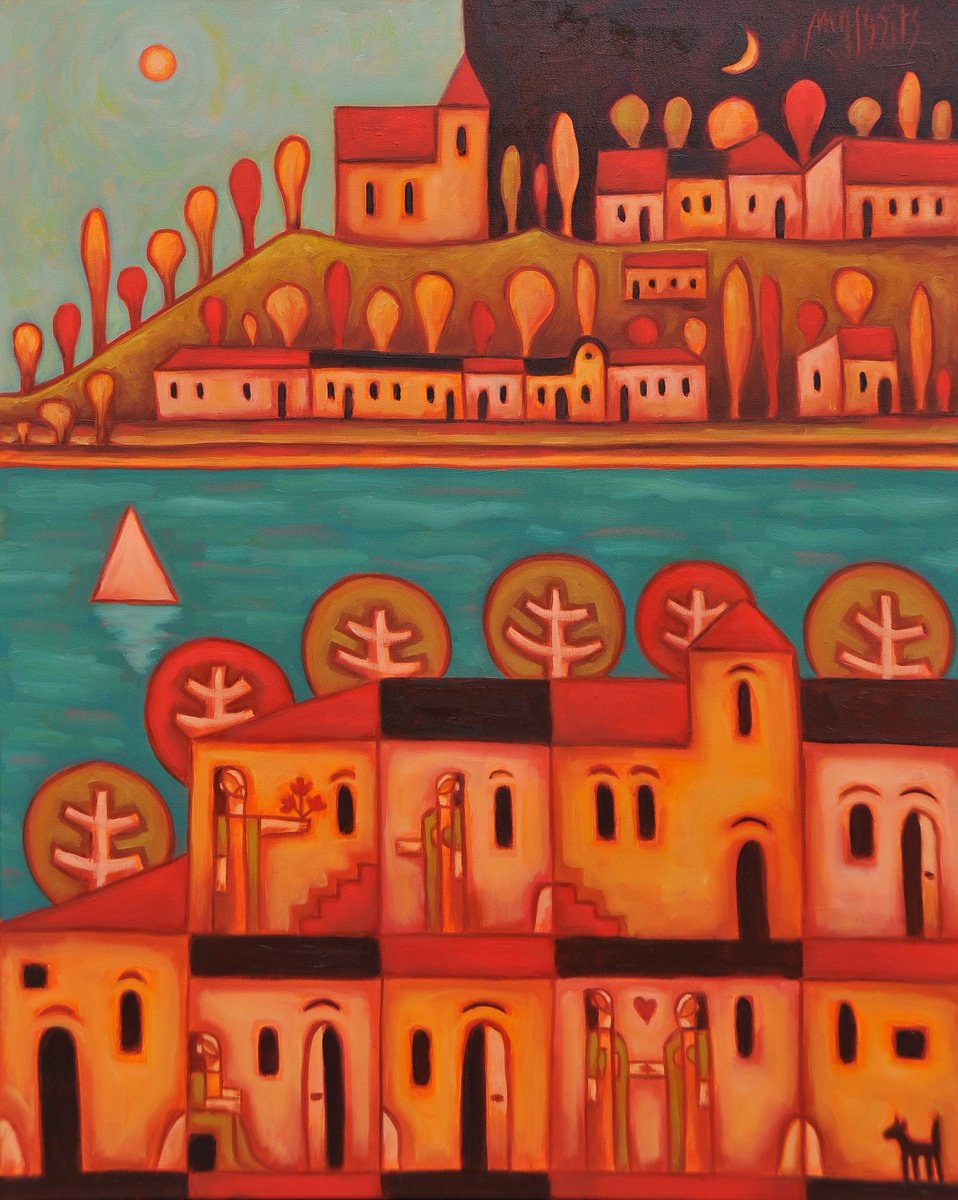 Surrealistic Portrait Oil Painting By Malasits Zsolt, 31 X 39", Town By The River, Original Artwork