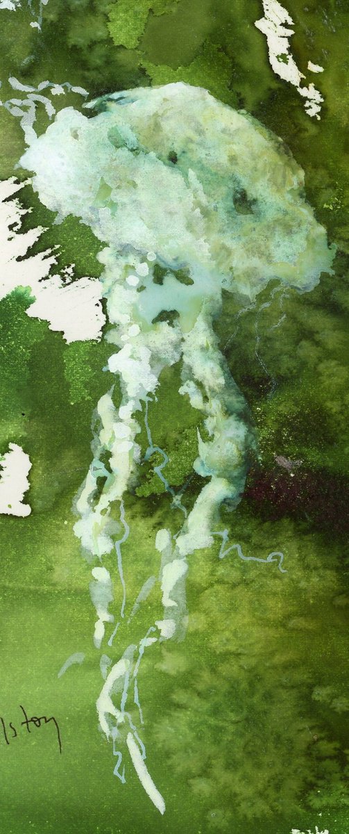 Impressionistic Animal Watercolour By Alex Tolstoy, 5 X 12, One White Jellyfish, Original Artwork