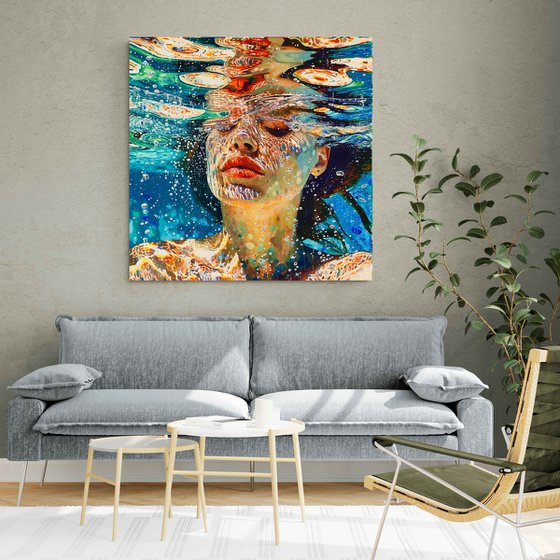 Woman under water in the swimming pool, sea, ocean with blue green turquoise color waves with bright sun glares. Impressionistic artwork with female face portrait. Positive relax holiday colorful wall art home decor. Art Gift