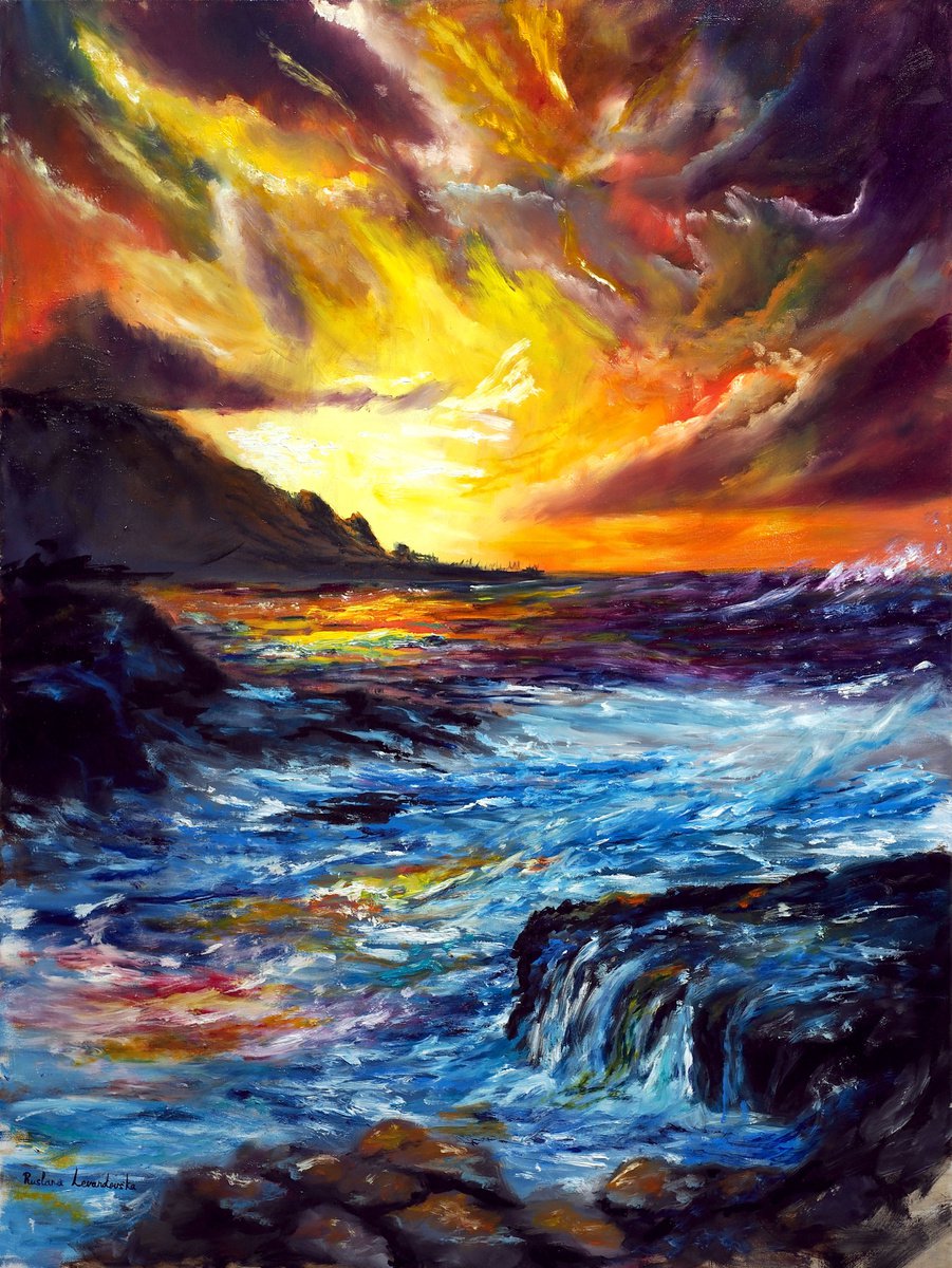 Impressionistic Landscape Oil Painting By Ruslana Levandovska, 30 X 40", Sunset At Sea, Original Artwork