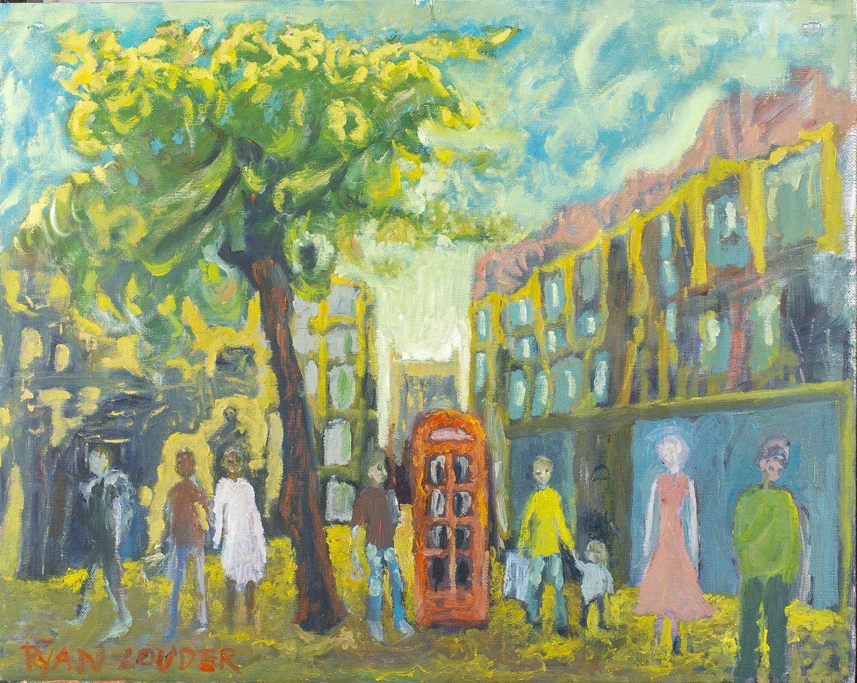 Expressive Cityscapes Oil Painting By Ryan Louder, 20 X 16", The Phone Box, Original Artwork